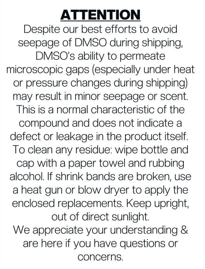 DMSO 99.995% Pure Liquid Pharma Grade, Non-Diluted, Low Odor: NO glass roller bottle / 2 oz glass bottle