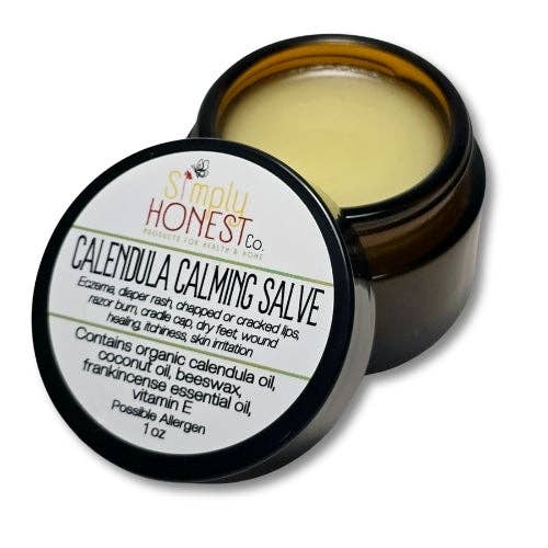 Calendula Calming Salve - Eczema, Psoriasis, Skin Irritation, Itchiness, Wound Care, Dry Skin, Dry Feet, Cracked and Chapped Lips: 2 oz amber glass jar